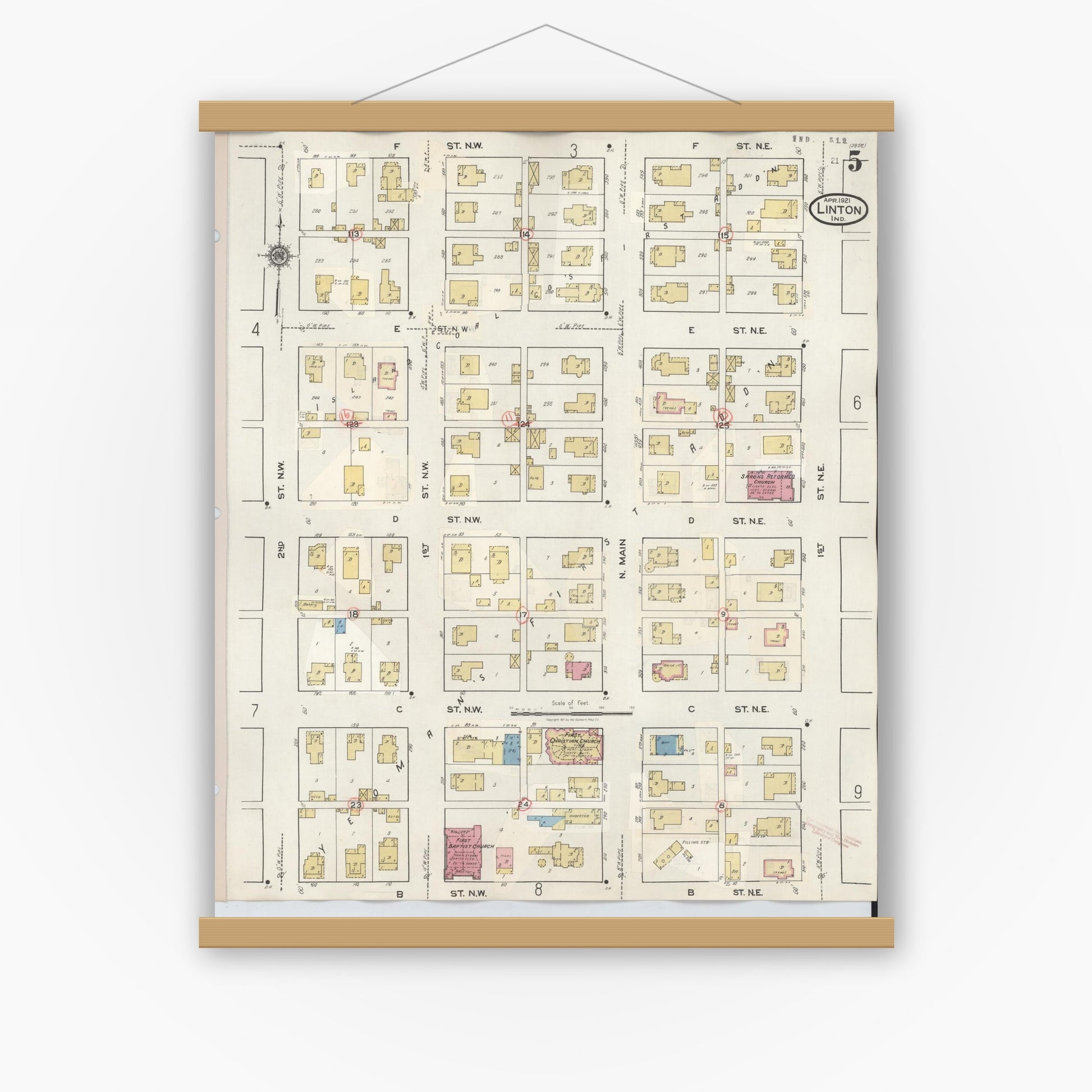 Old map wall art mockup — magnetic wood frame on white wall — Sanborn Fire Insurance Map from Linton, Greene County, Indiana (1948), Sheet #0005