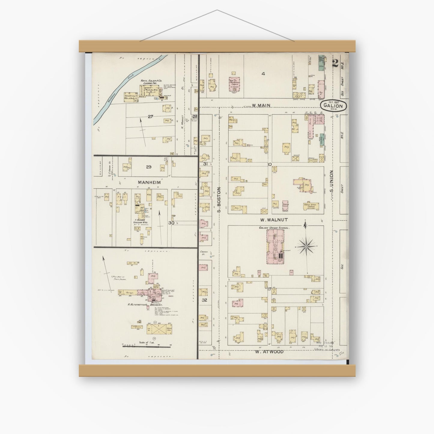 Old map wall art mockup — magnetic wood frame on white wall — Sanborn Fire Insurance Map from Galion, Crawford County, Ohio (1887), Sheet #0002