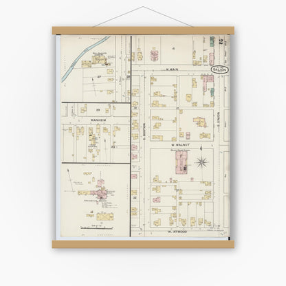 Old map wall art mockup — magnetic wood frame on white wall — Sanborn Fire Insurance Map from Galion, Crawford County, Ohio (1887), Sheet #0002