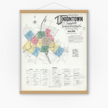 Old map wall art mockup — magnetic wood frame on white wall — Sanborn Fire Insurance Map from Uniontown, Fayette County, Pennsylvania (1901), Sheet #0001