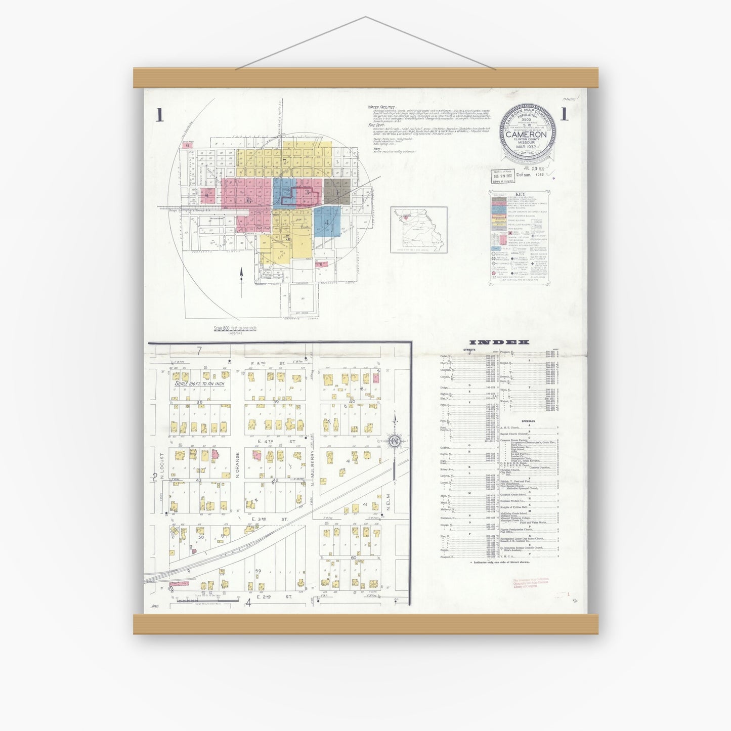 Old map wall art mockup — magnetic wood frame on white wall — Sanborn Fire Insurance Map from Cameron, Clinton County, Missouri (1932) - Complete Map Set