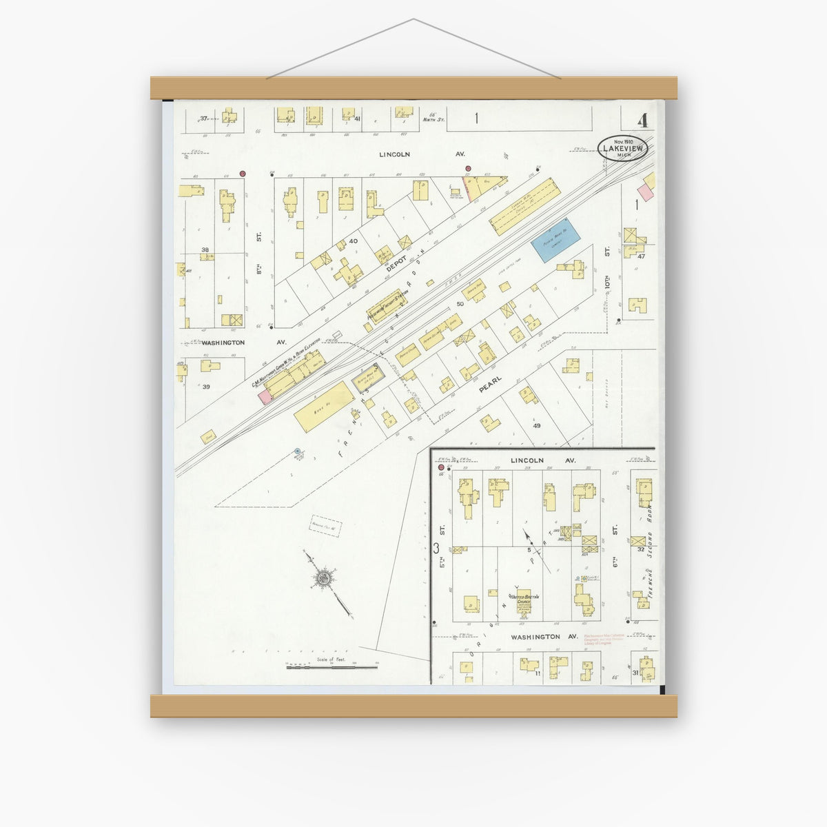 Old map wall art mockup — magnetic wood frame on white wall — Sanborn Fire Insurance Map from Lakeview, Montcalm County, Michigan (1910), Sheet #0004