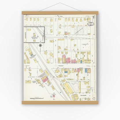 Old map wall art mockup — magnetic wood frame on white wall — Sanborn Fire Insurance Map from Kiel, Manitowoc and Calumet Counties, Wisconsin (1911), Sheet #0002