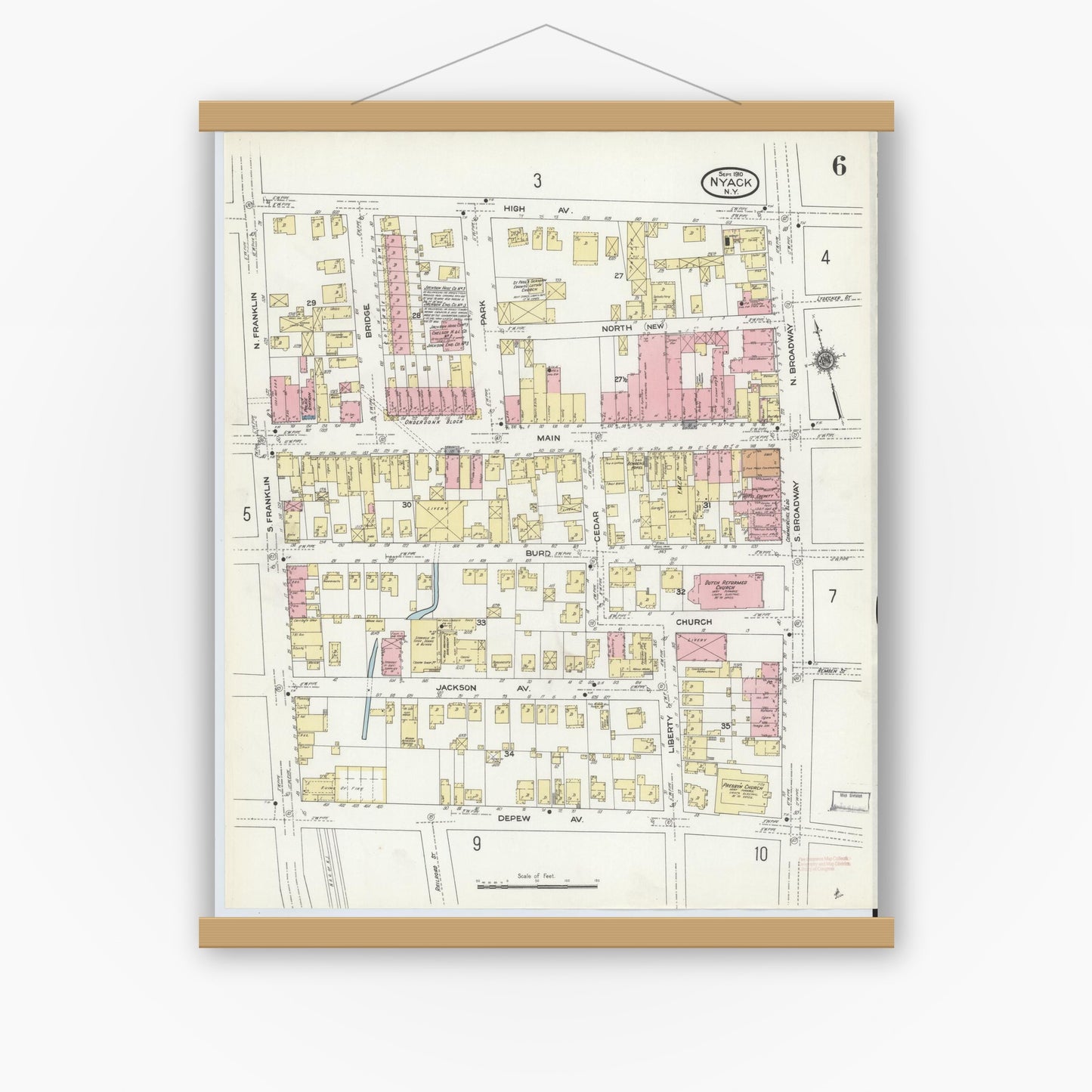 Old map wall art mockup — magnetic wood frame on white wall — Sanborn Fire Insurance Map from Nyack, Rockland County, New York. (1910), Sheet #0006