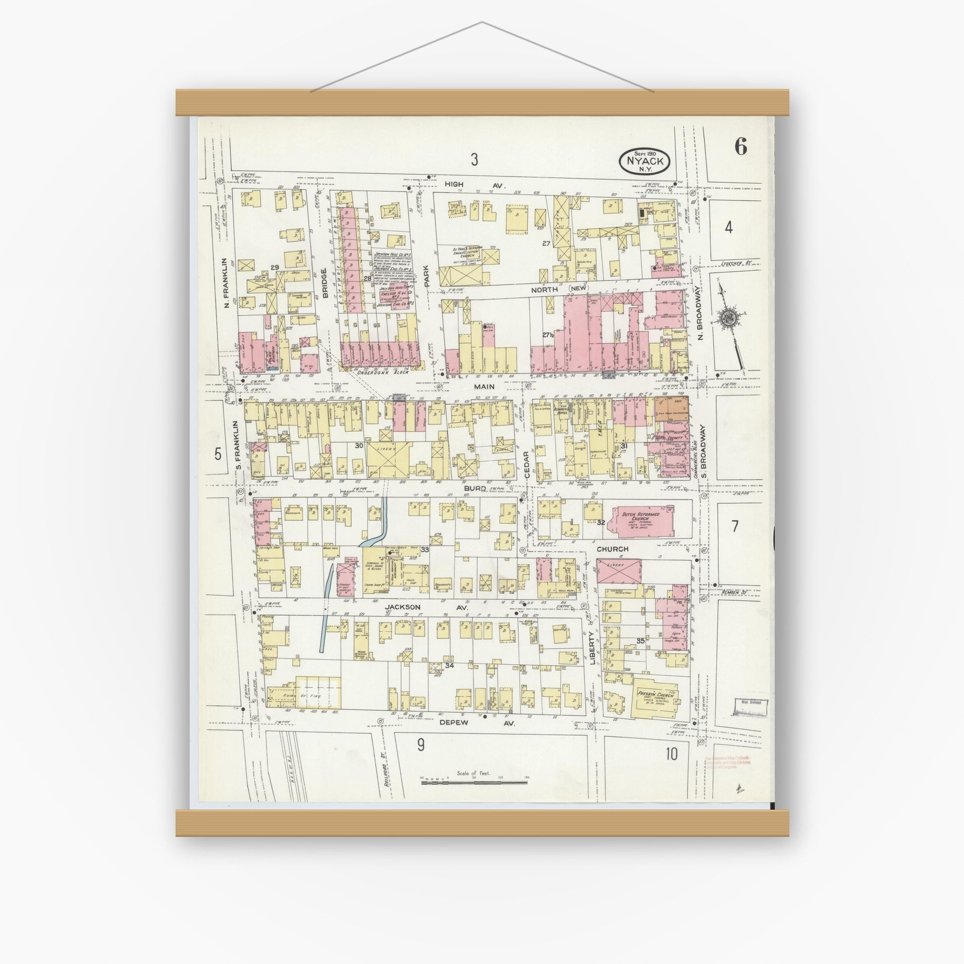 Old map wall art mockup — magnetic wood frame on white wall — Sanborn Fire Insurance Map from Nyack, Rockland County, New York. (1910), Sheet #0006