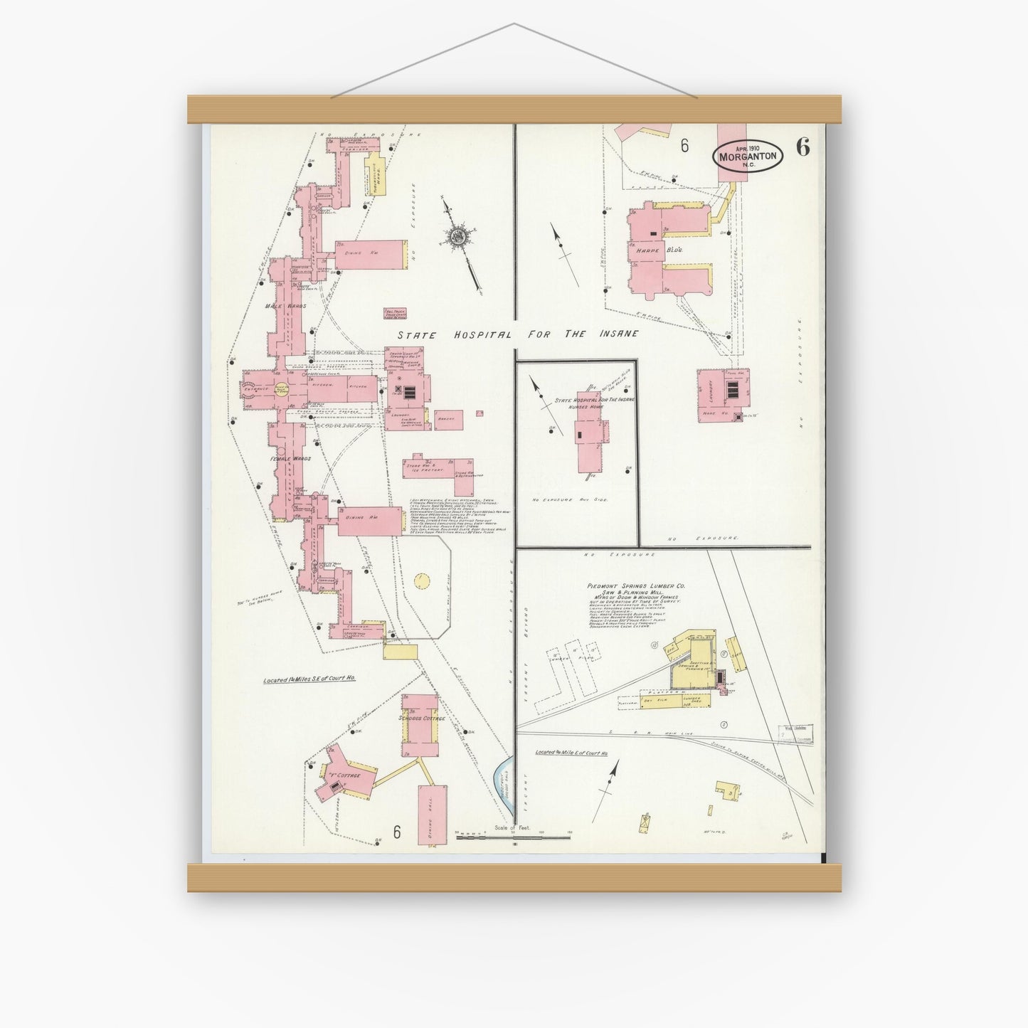 Old map wall art mockup — magnetic wood frame on white wall — Sanborn Fire Insurance Map from Morganton, Burke County, North Carolina (1910), Sheet #0006