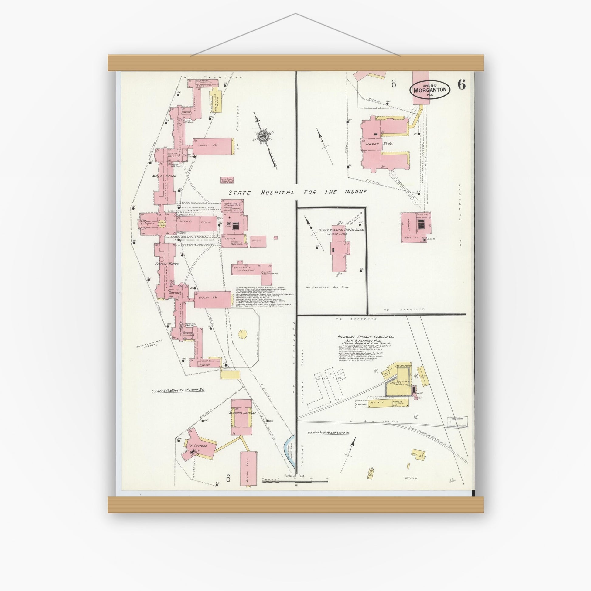 Old map wall art mockup — magnetic wood frame on white wall — Sanborn Fire Insurance Map from Morganton, Burke County, North Carolina (1910), Sheet #0006