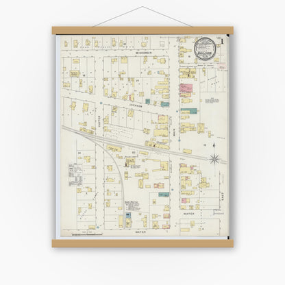 Old map wall art mockup — magnetic wood frame on white wall — Sanborn Fire Insurance Map from Brillion, Calumet County, Wisconsin (1894), Sheet #0001