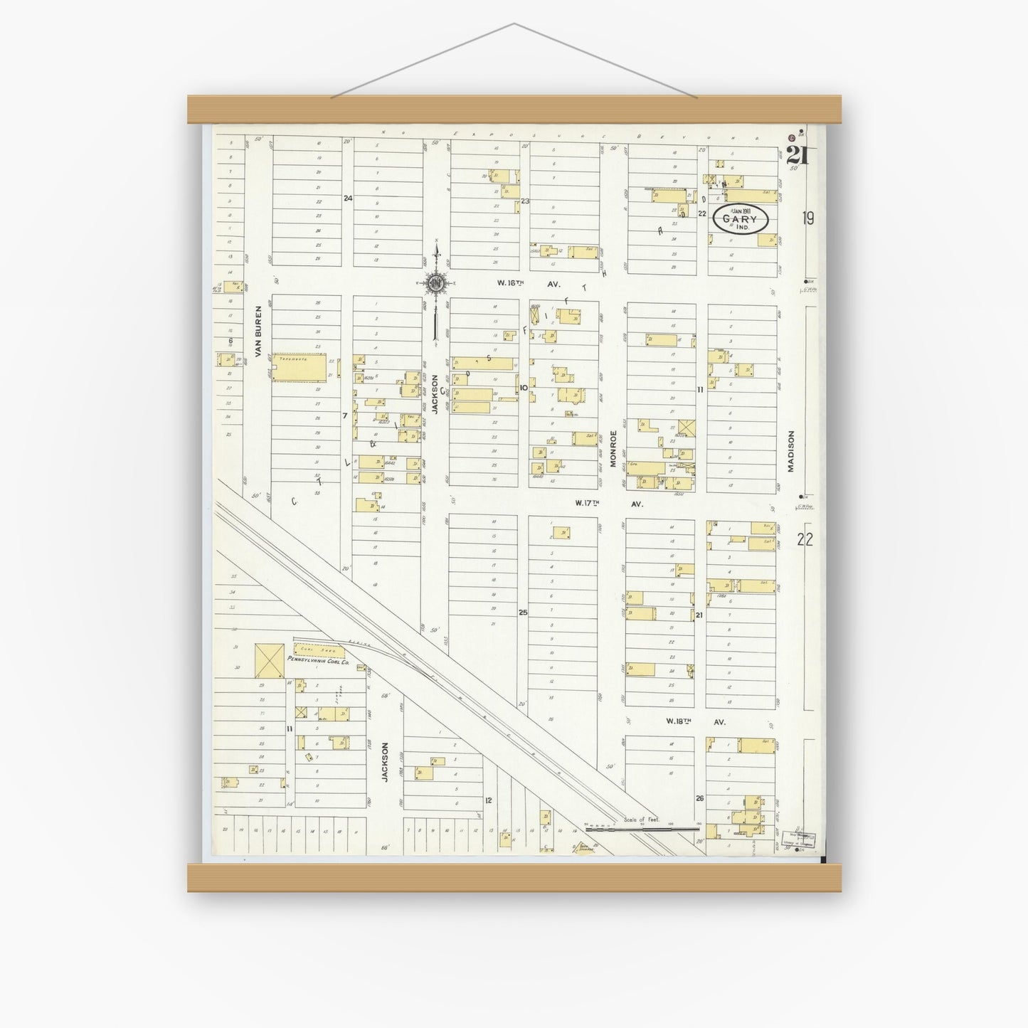 Old map wall art mockup — magnetic wood frame on white wall — Sanborn Fire Insurance Map from Gary, Lake County, Indiana (1911), Sheet #0021