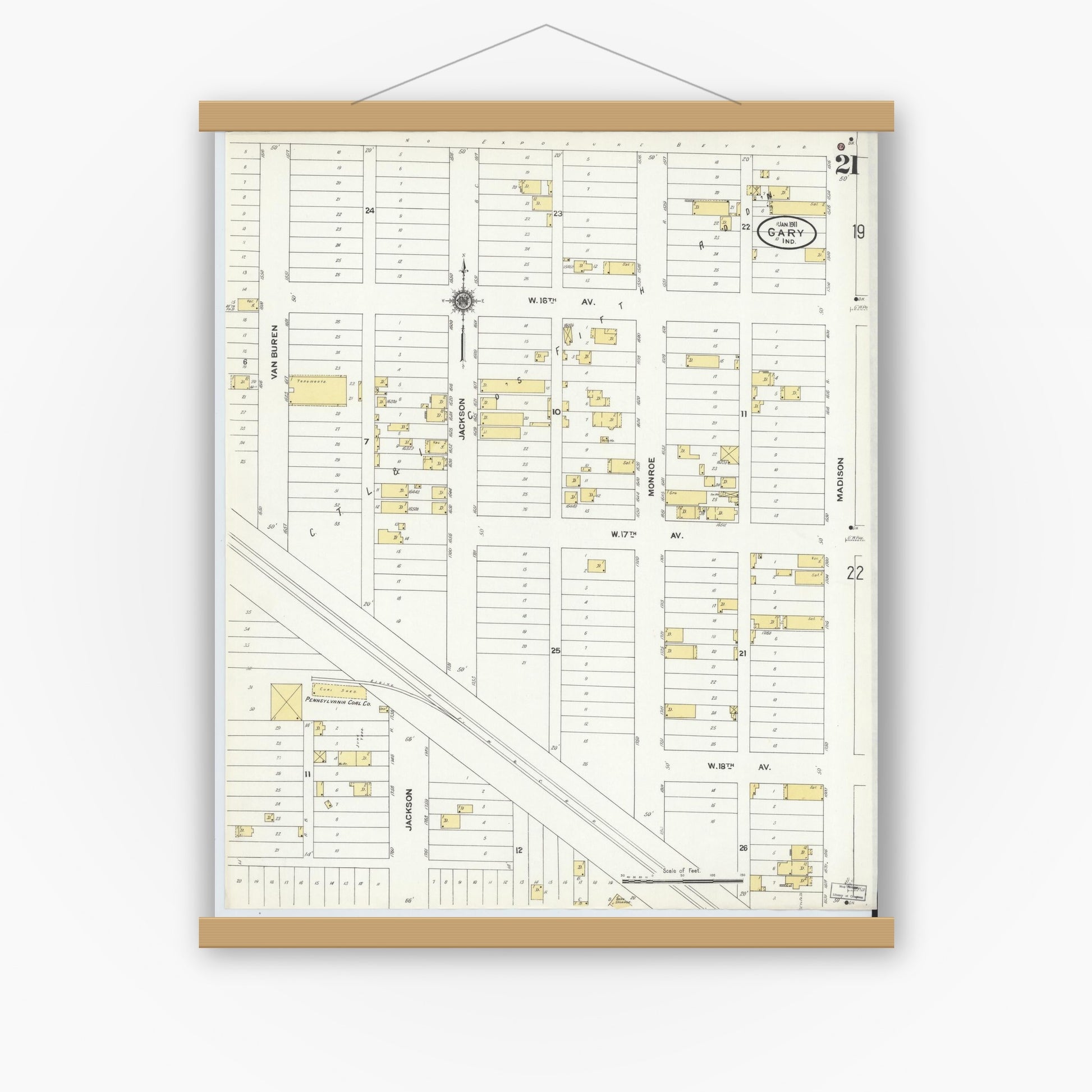 Old map wall art mockup — magnetic wood frame on white wall — Sanborn Fire Insurance Map from Gary, Lake County, Indiana (1911), Sheet #0021