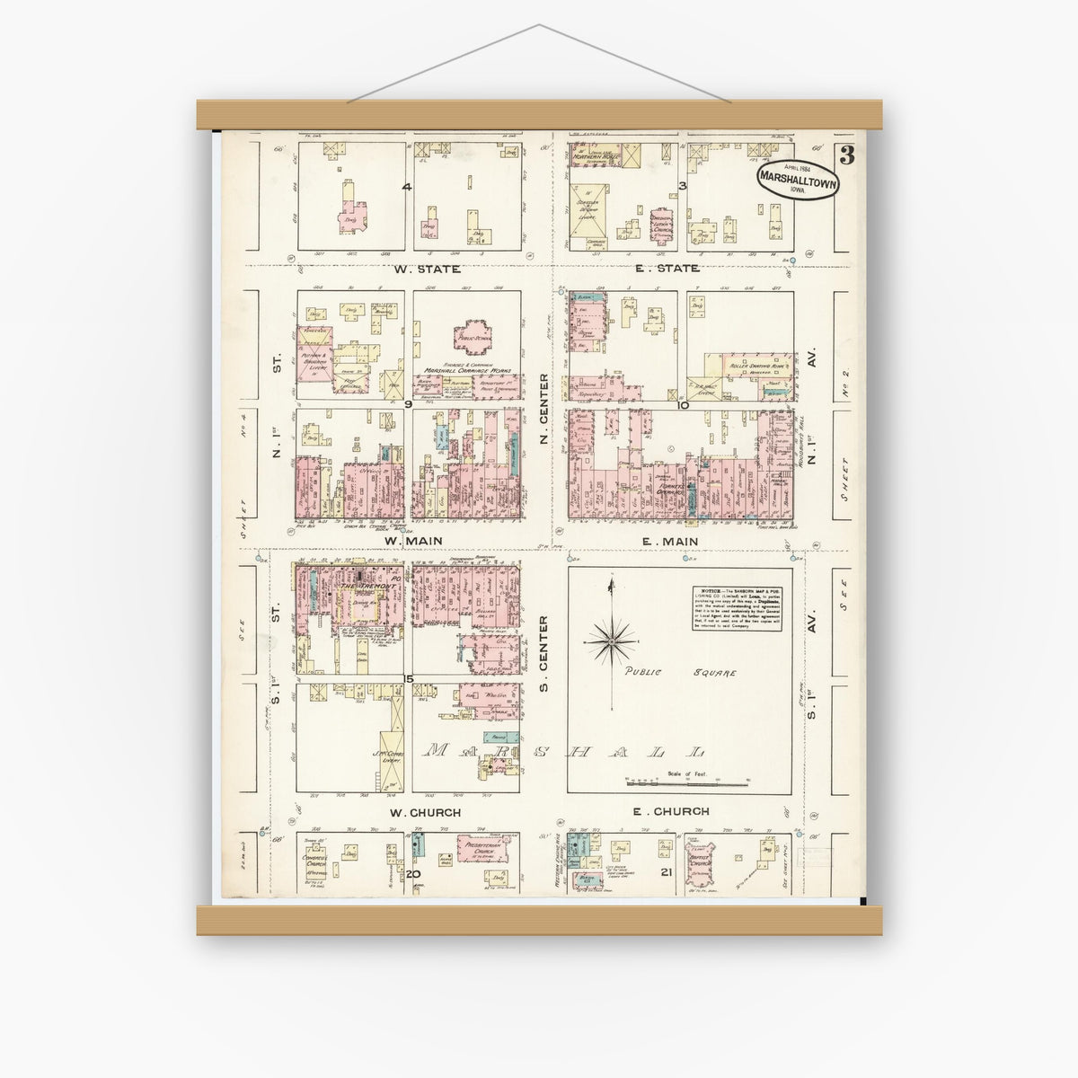 Old map wall art mockup — magnetic wood frame on white wall — Sanborn Fire Insurance Map from Marshalltown, Marshall County, Iowa (1884), Sheet #0003