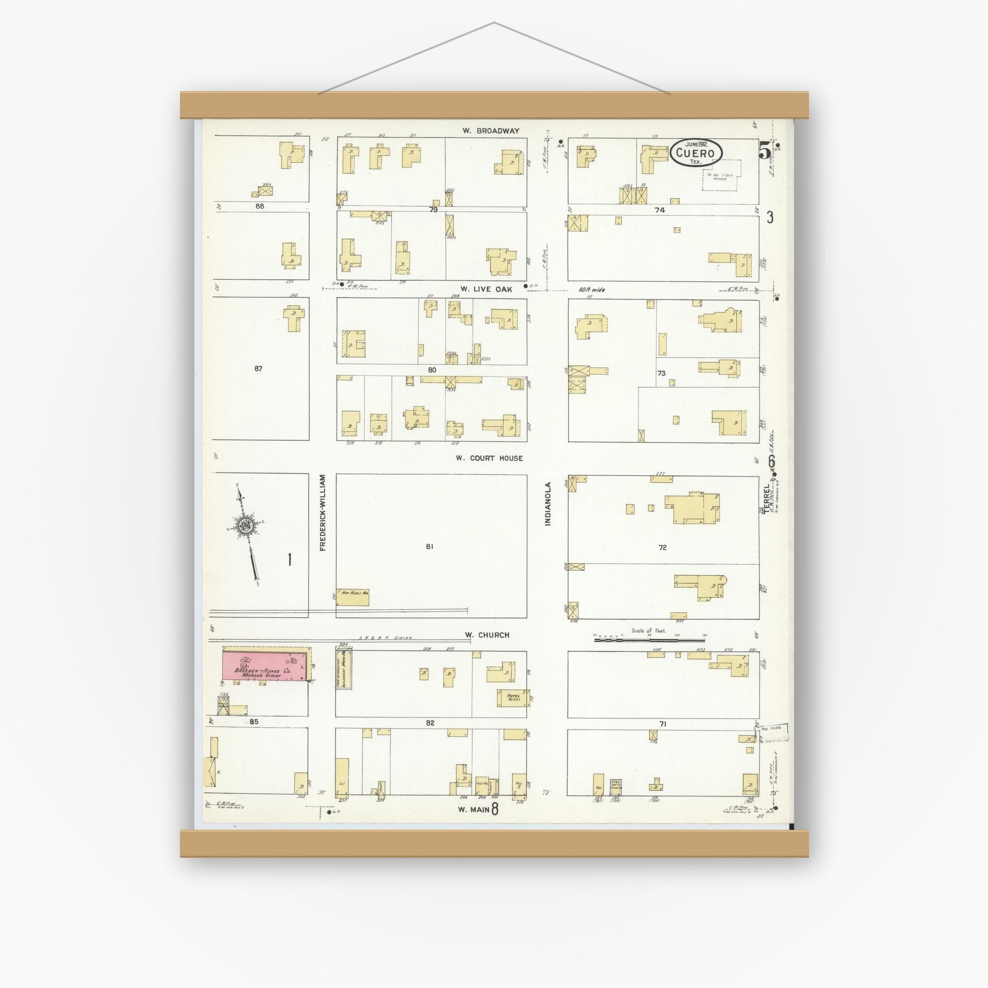 Old map wall art mockup — magnetic wood frame on white wall — Sanborn Fire Insurance Map from Cuero, De Witt County, Texas (1912), Sheet #0005