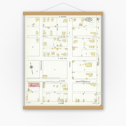 Old map wall art mockup — magnetic wood frame on white wall — Sanborn Fire Insurance Map from Cuero, De Witt County, Texas (1912), Sheet #0005