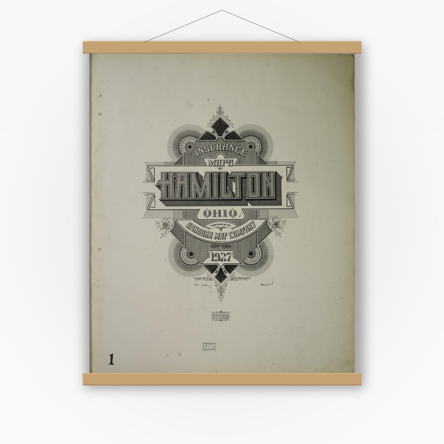 Old map wall art mockup — magnetic wood frame on white wall — Sanborn Fire Insurance Map from Hamilton, Butler County, Ohio (1927), Sheet #0001