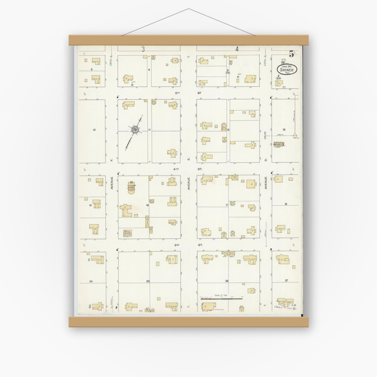 Old map wall art mockup — magnetic wood frame on white wall — Sanborn Fire Insurance Map from Shiner, Lavaca County, Texas (1912), Sheet #0005