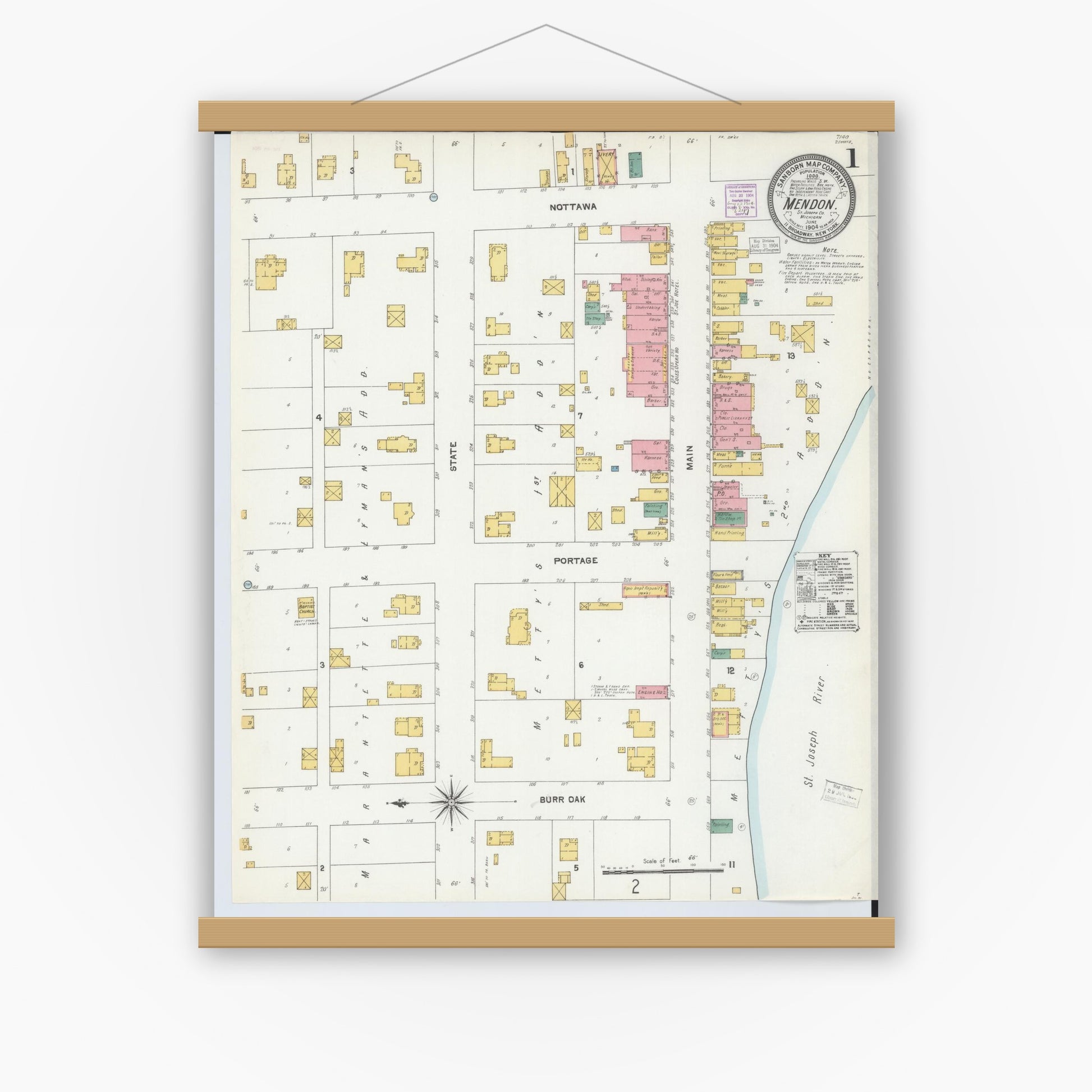 Old map wall art mockup — magnetic wood frame on white wall — Sanborn Fire Insurance Map from Mendon, Saint Joseph County, Michigan (1904) - Complete Map Set