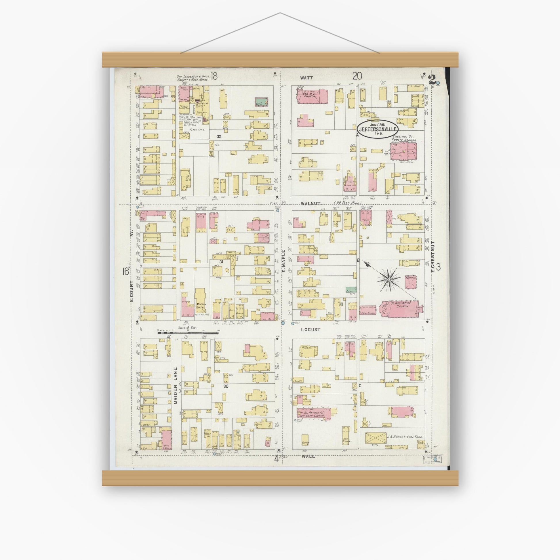 Old map wall art mockup — magnetic wood frame on white wall — Sanborn Fire Insurance Map from Jeffersonville, Clark County, Indiana (1898), Sheet #0002