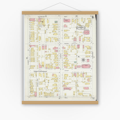 Old map wall art mockup — magnetic wood frame on white wall — Sanborn Fire Insurance Map from Jeffersonville, Clark County, Indiana (1898), Sheet #0002