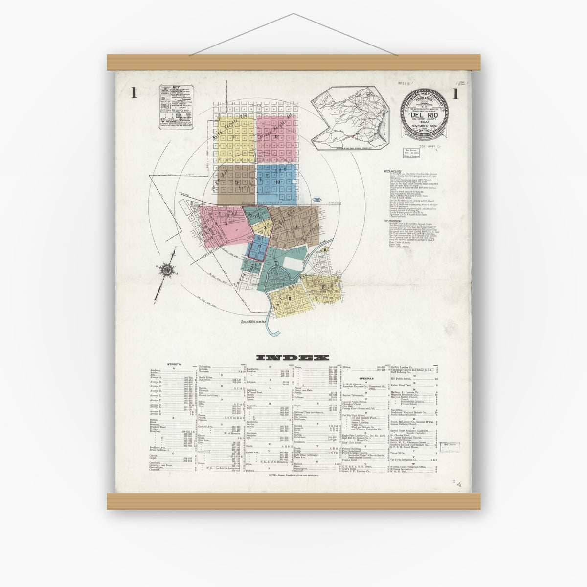 Old map wall art mockup — magnetic wood frame on white wall — Sanborn Fire Insurance Map from Del Rio, Val Verde County, Texas (1924) - Complete Map Set