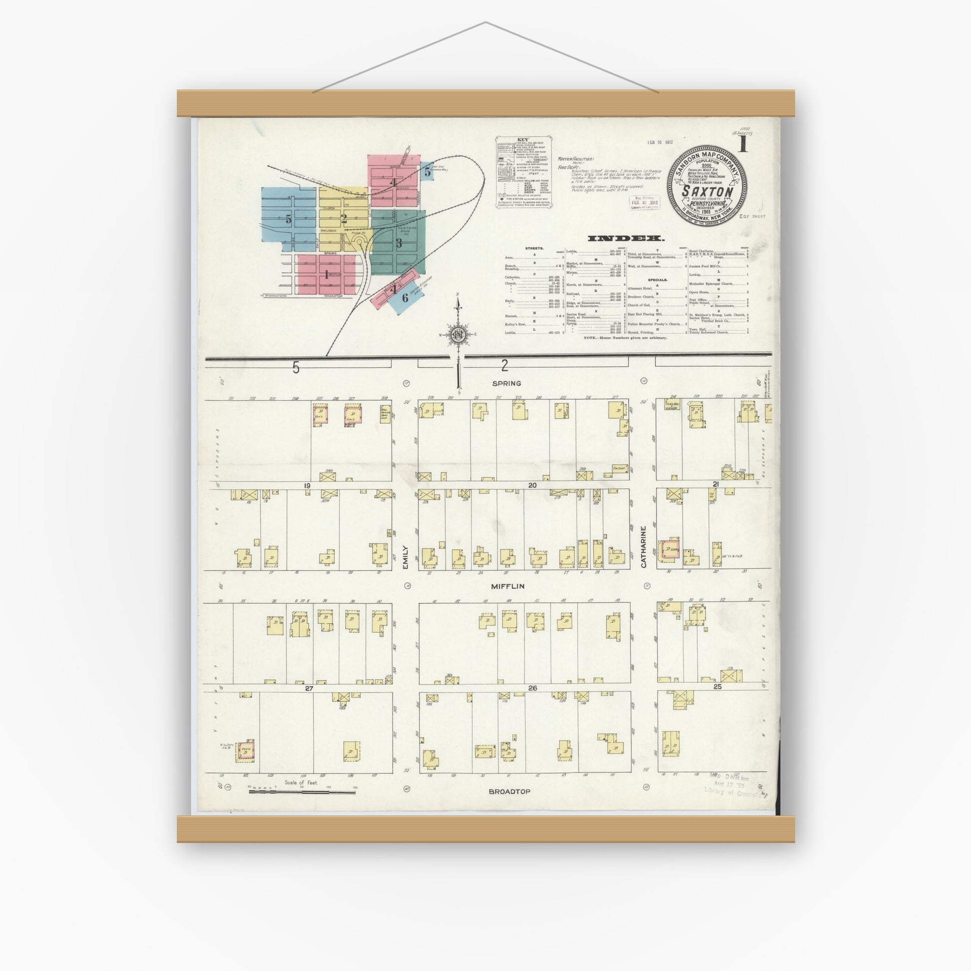 Old map wall art mockup — magnetic wood frame on white wall — Sanborn Fire Insurance Map from Saxton, Bedford County, Pennsylvania (1911) - Complete Map Set