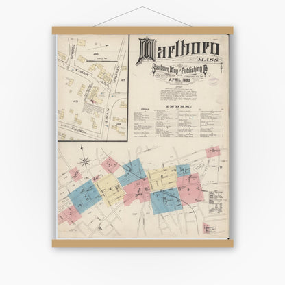 Old map wall art mockup — magnetic wood frame on white wall — Sanborn Fire Insurance Map from Marlborough, Middlesex County, Massachusetts (1885), Sheet #0001