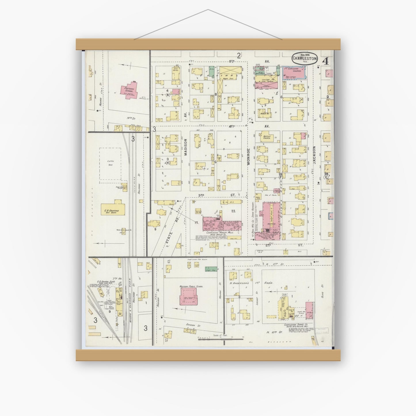 Old map wall art mockup — magnetic wood frame on white wall — Sanborn Fire Insurance Map from Charleston, Coles County, Illinois (1896), Sheet #0004