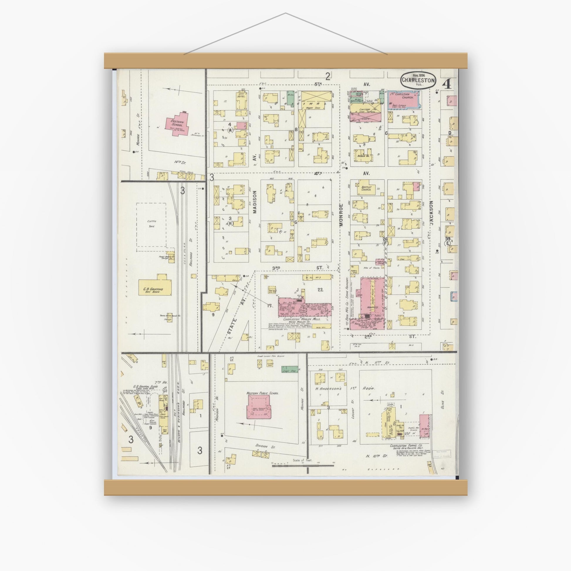 Old map wall art mockup — magnetic wood frame on white wall — Sanborn Fire Insurance Map from Charleston, Coles County, Illinois (1896), Sheet #0004