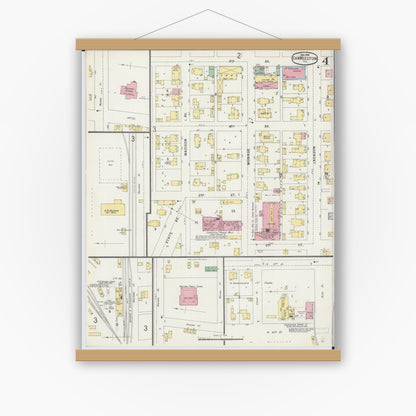 Old map wall art mockup — magnetic wood frame on white wall — Sanborn Fire Insurance Map from Charleston, Coles County, Illinois (1896), Sheet #0004