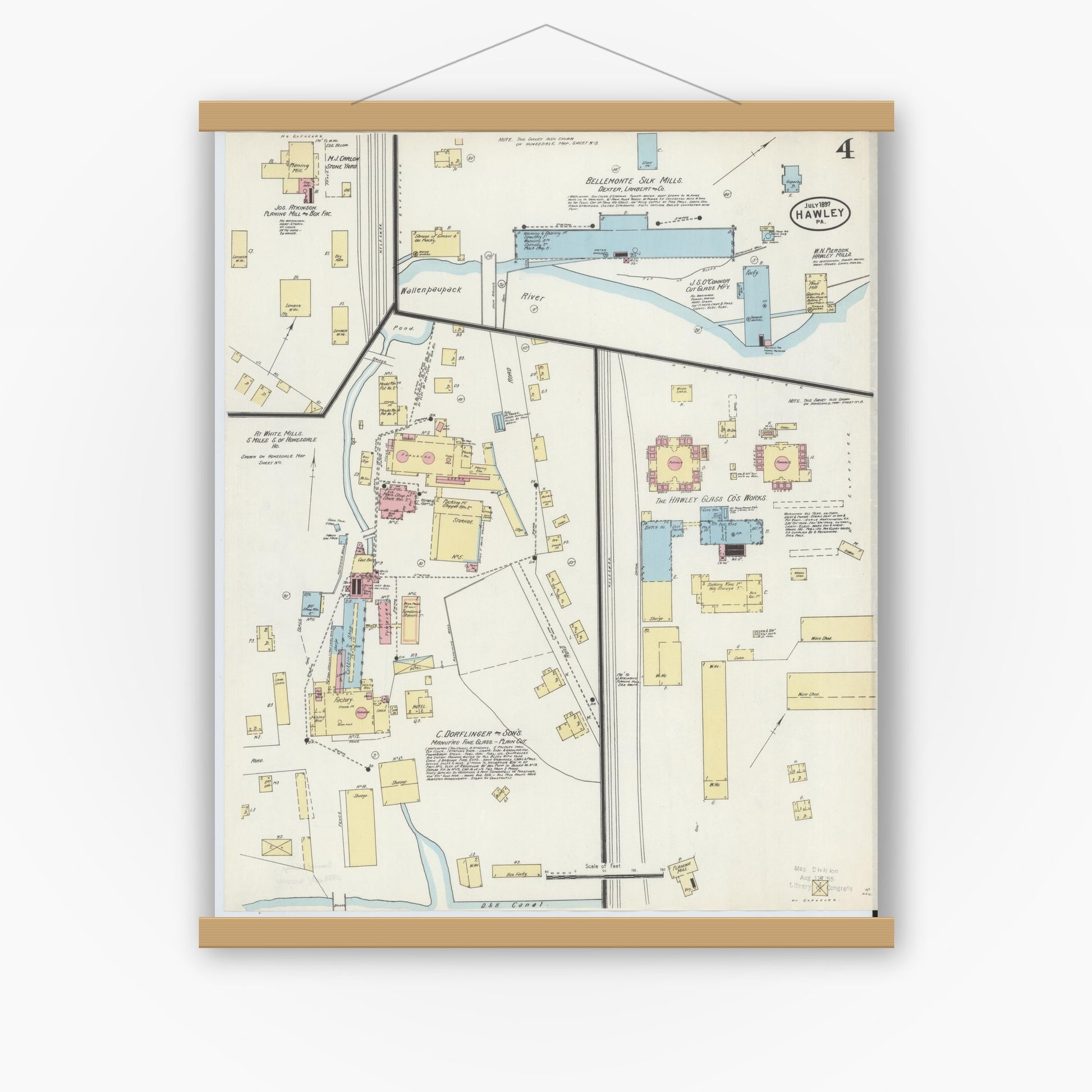 Old map wall art mockup — magnetic wood frame on white wall — Sanborn Fire Insurance Map from Hawley, Wayne County, Pennsylvania (1897), Sheet #0004