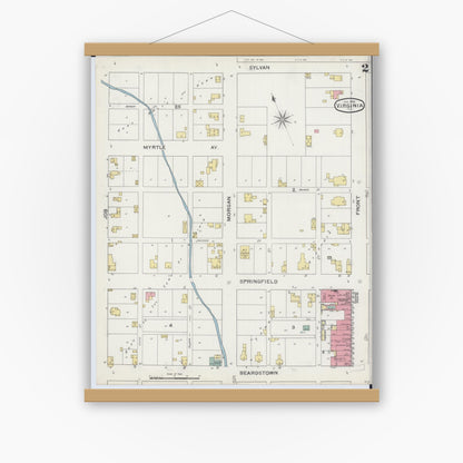Old map wall art mockup — magnetic wood frame on white wall — Sanborn Fire Insurance Map from Virginia, Cass County, Illinois (1894), Sheet #0002