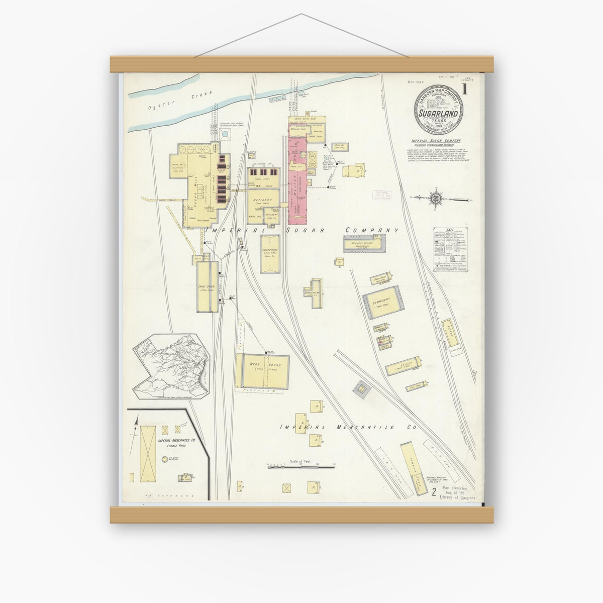 Old map wall art mockup — magnetic wood frame on white wall — Sanborn Fire Insurance Map from Sugarland, Fort Bend County, Texas (1913) - Complete Map Set