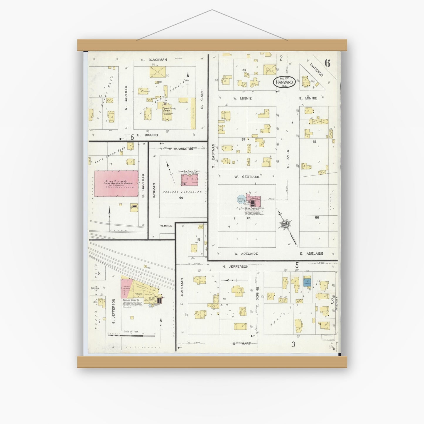 Old map wall art mockup — magnetic wood frame on white wall — Sanborn Fire Insurance Map from Harvard, McHenry County, Illinois (1912), Sheet #0006