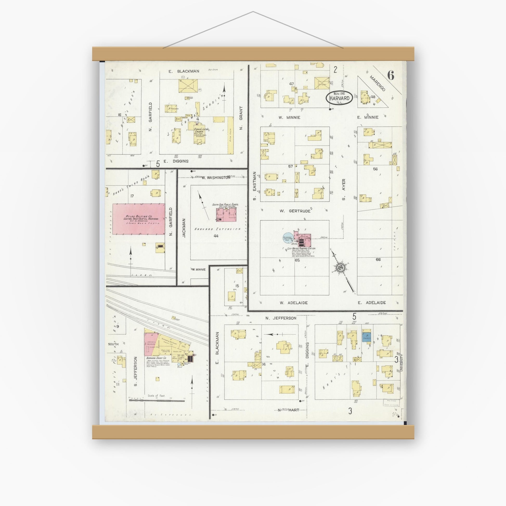 Old map wall art mockup — magnetic wood frame on white wall — Sanborn Fire Insurance Map from Harvard, McHenry County, Illinois (1912), Sheet #0006