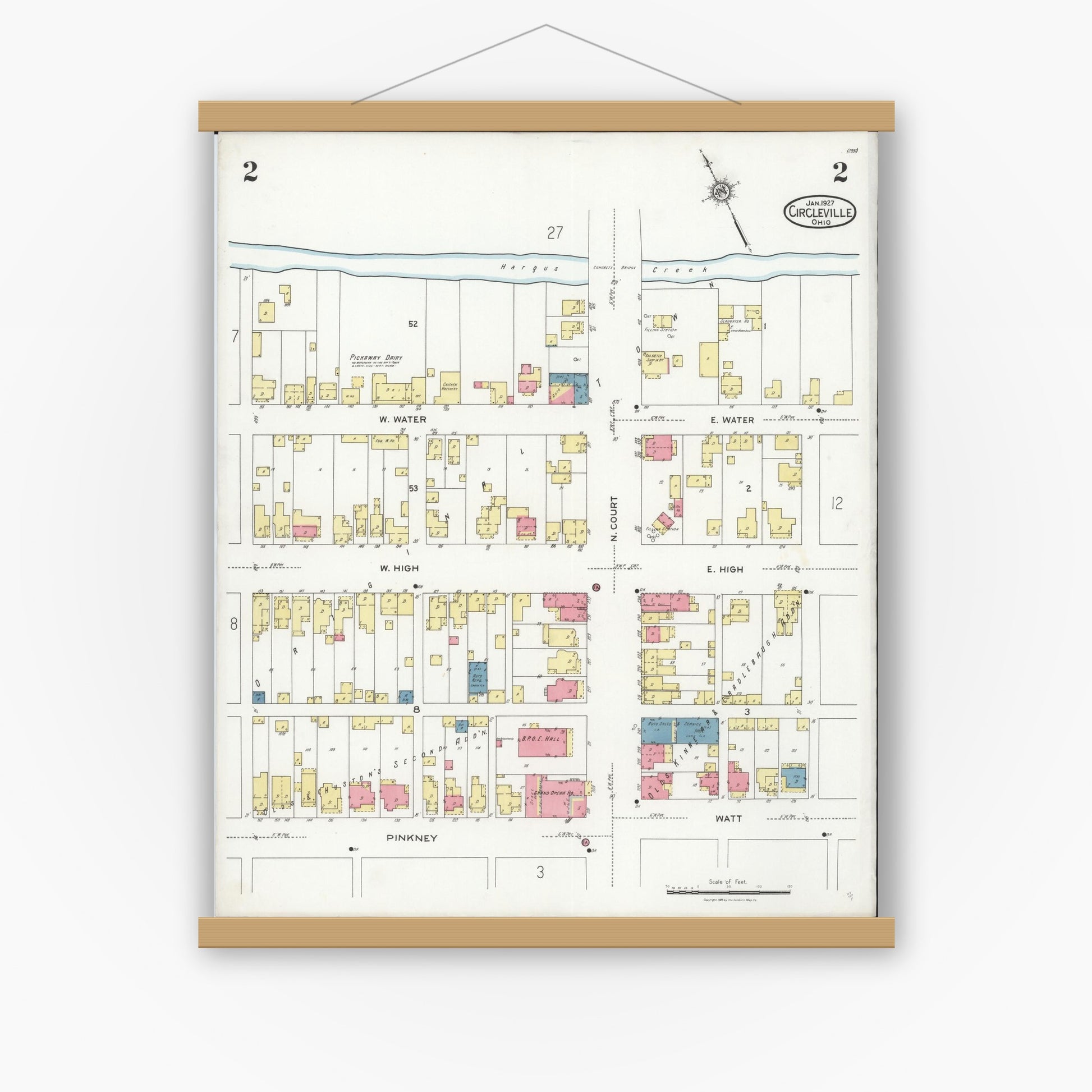 Old map wall art mockup — magnetic wood frame on white wall — Sanborn Fire Insurance Map from Circleville, Pickaway County, Ohio (1927), Sheet #0002