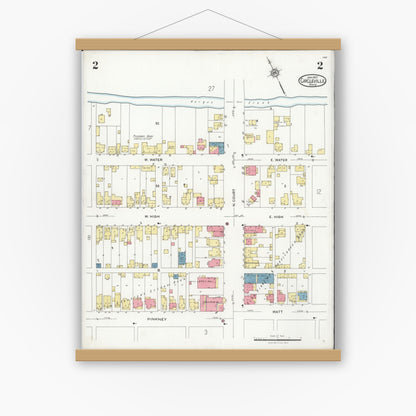 Old map wall art mockup — magnetic wood frame on white wall — Sanborn Fire Insurance Map from Circleville, Pickaway County, Ohio (1927), Sheet #0002