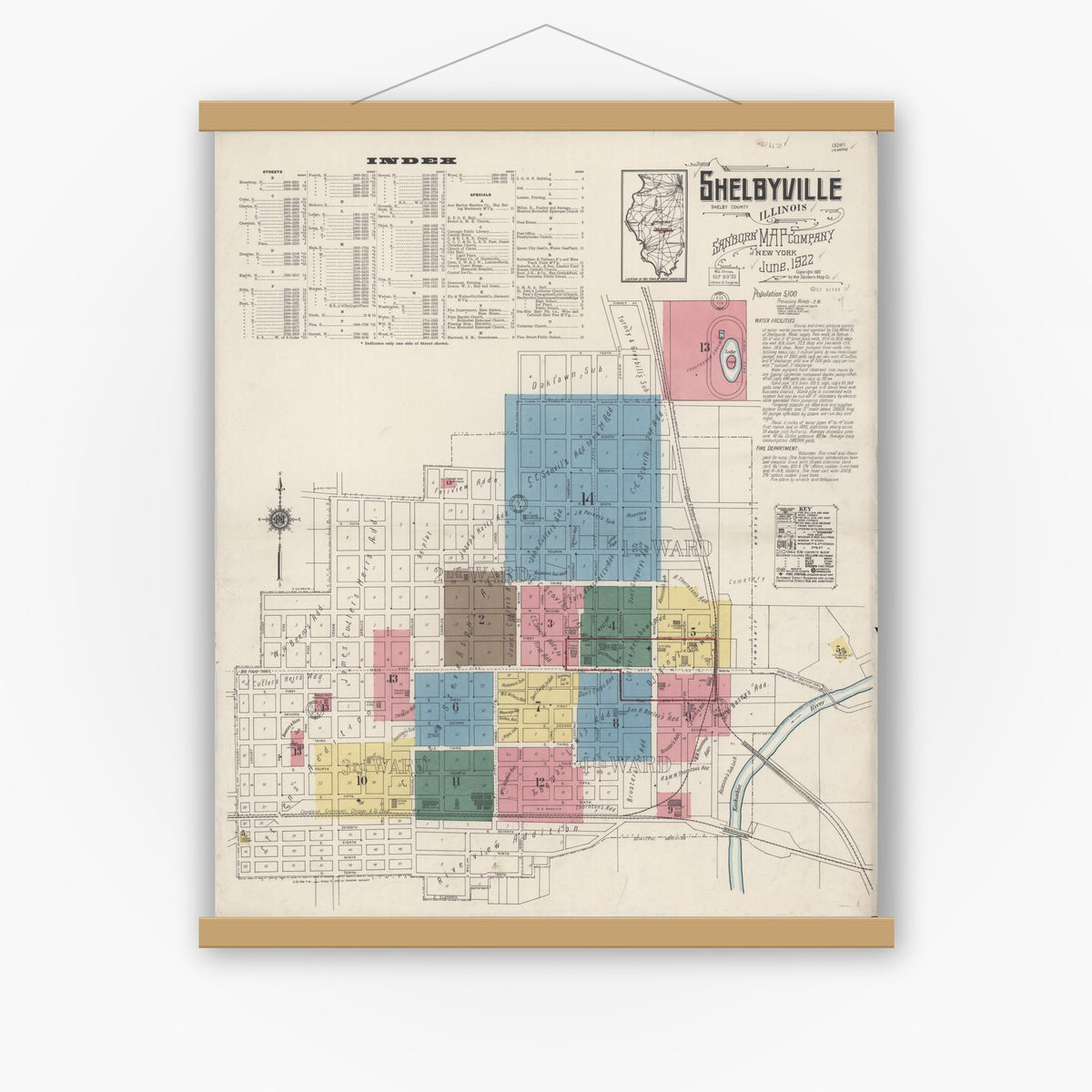 Old map wall art mockup — magnetic wood frame on white wall — Sanborn Fire Insurance Map from Shelbyville, Shelby County, Illinois (1922) - Complete Map Set