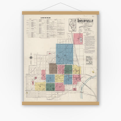 Old map wall art mockup — magnetic wood frame on white wall — Sanborn Fire Insurance Map from Shelbyville, Shelby County, Illinois (1922) - Complete Map Set
