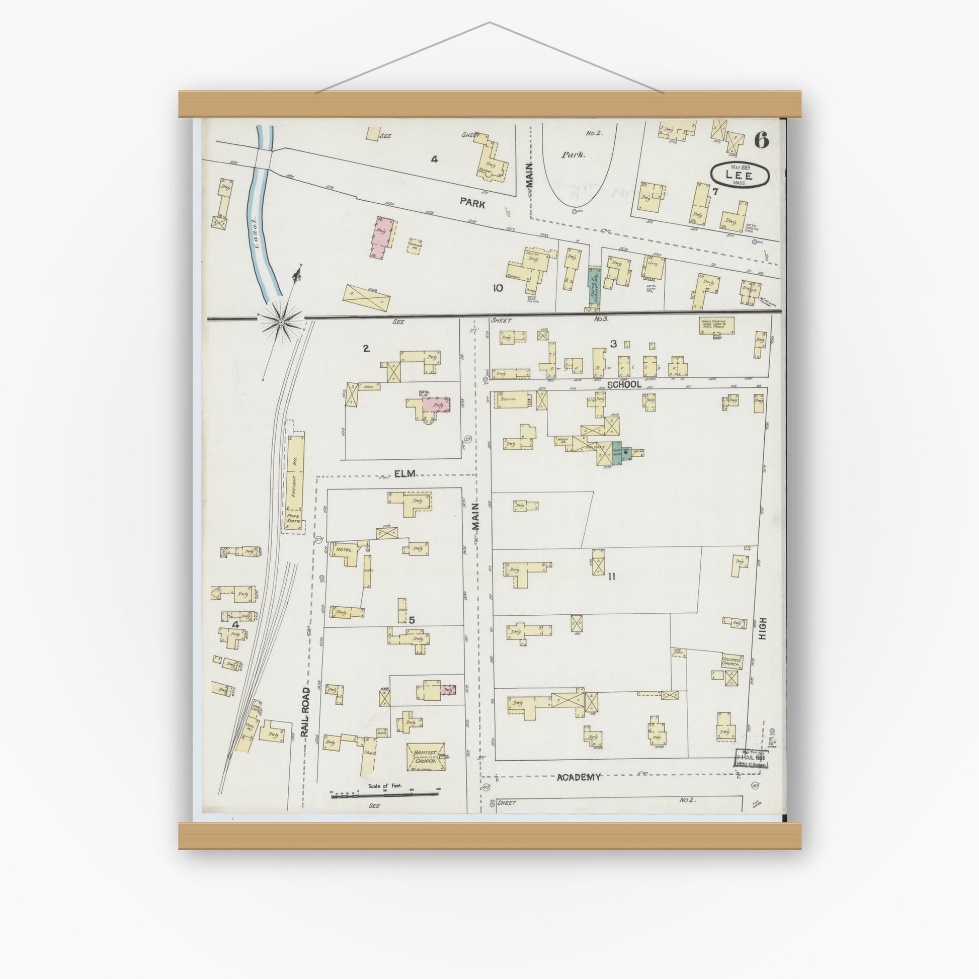Old map wall art mockup — magnetic wood frame on white wall — Sanborn Fire Insurance Map from Lee, Berkshire County, Massachusetts (1889), Sheet #0006