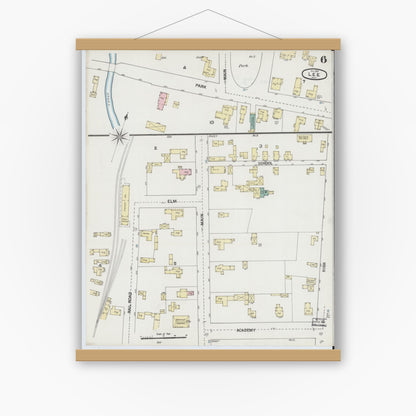 Old map wall art mockup — magnetic wood frame on white wall — Sanborn Fire Insurance Map from Lee, Berkshire County, Massachusetts (1889), Sheet #0006