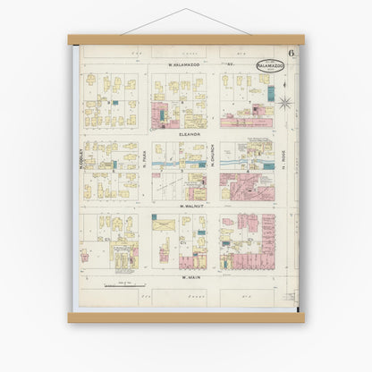 Old map wall art mockup — magnetic wood frame on white wall — Sanborn Fire Insurance Map from Kalamazoo, Kalamazoo County, Michigan (1891), Sheet #0006