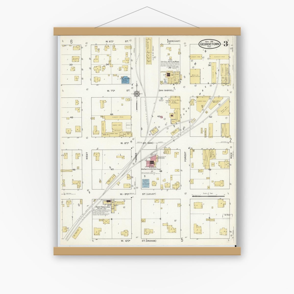 Old map wall art mockup — magnetic wood frame on white wall — Sanborn Fire Insurance Map from Georgetown, Williamson County, Texas (1916), Sheet #0003