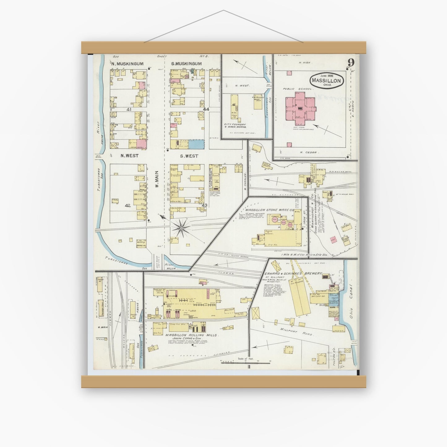Old map wall art mockup — magnetic wood frame on white wall — Sanborn Fire Insurance Map from Massillon, Stark County, Ohio (1892), Sheet #0009