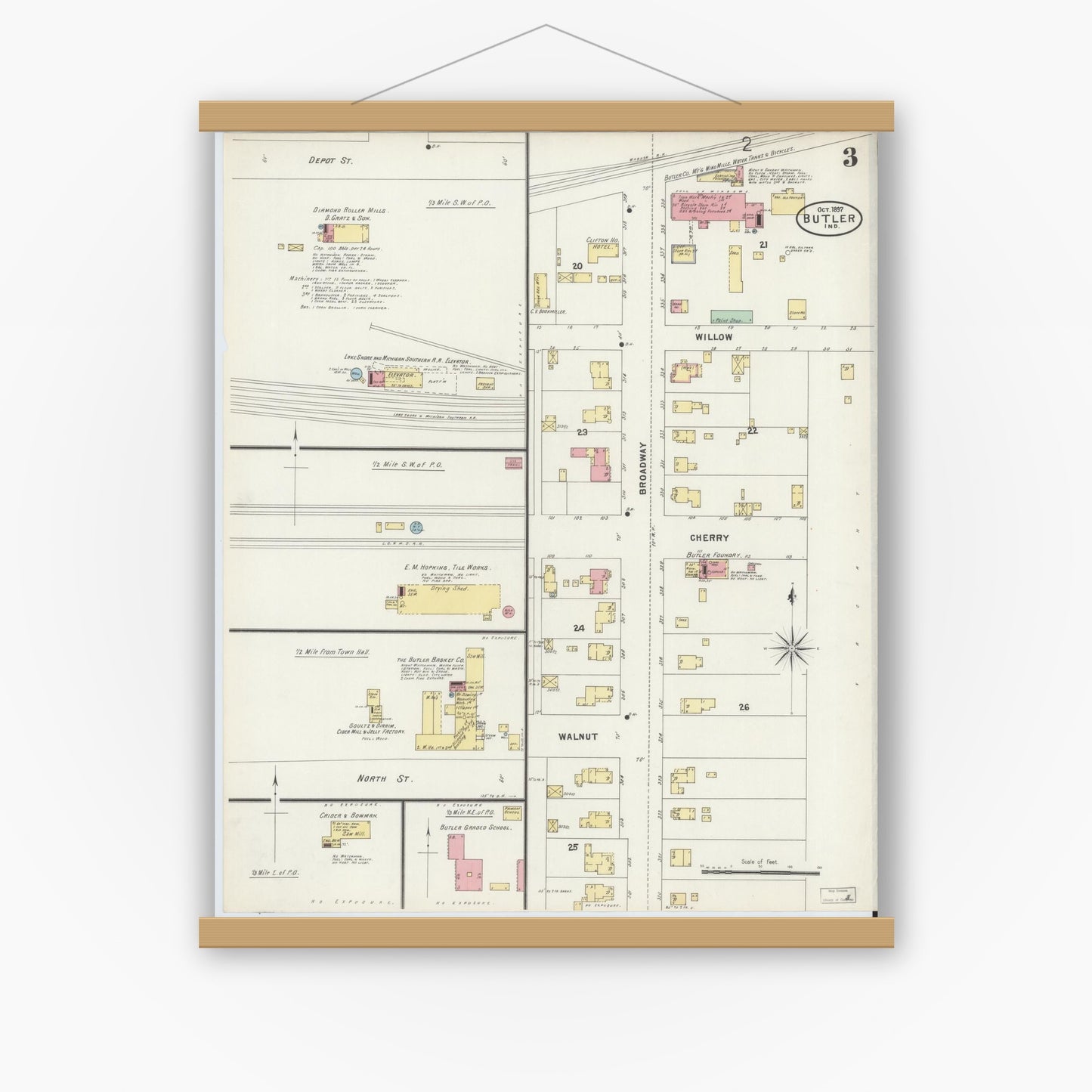 Old map wall art mockup — magnetic wood frame on white wall — Sanborn Fire Insurance Map from Butler, De Kalb County, Indiana (1897), Sheet #0003