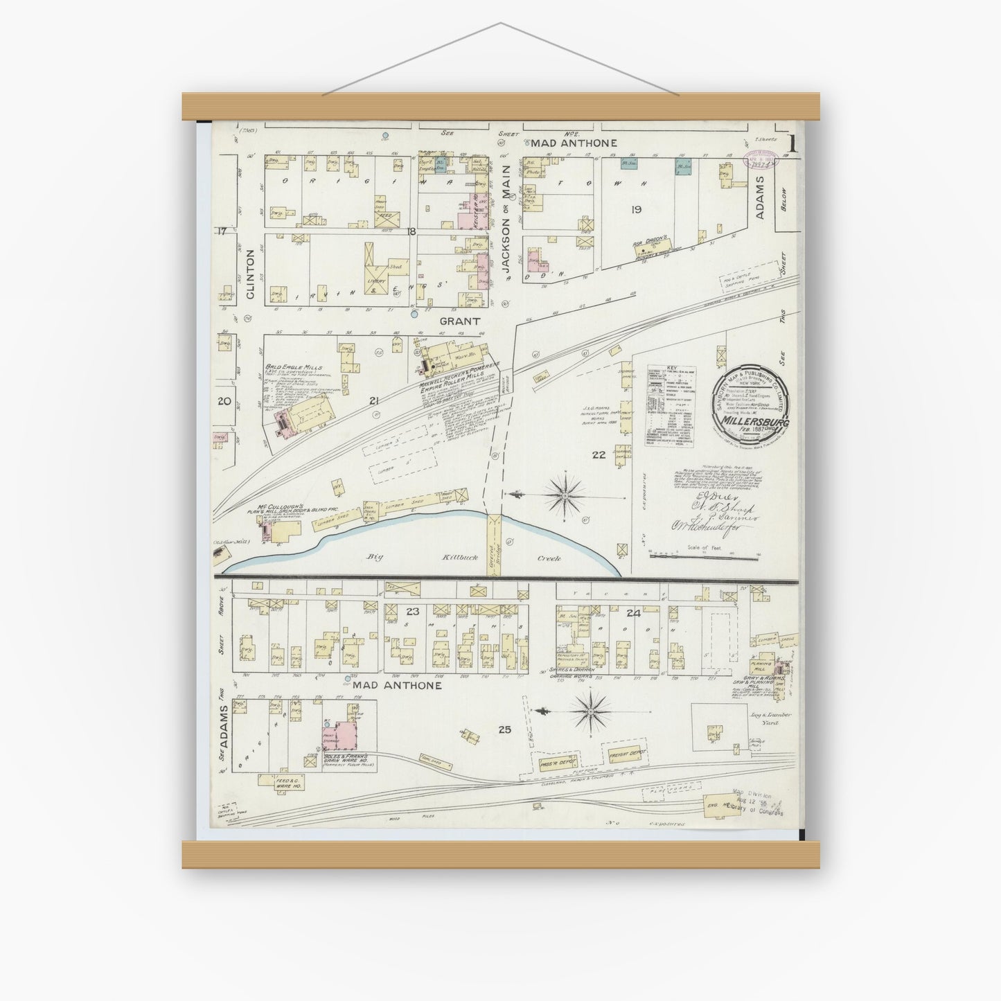 Old map wall art mockup — magnetic wood frame on white wall — Sanborn Fire Insurance Map from Millersburg, Holmes County, Ohio (1887), Sheet #0001