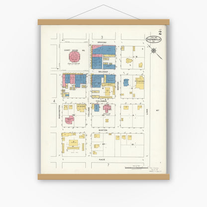 Old map wall art mockup — magnetic wood frame on white wall — Sanborn Fire Insurance Map from Stephenville, Erath County, Texas (1921), Sheet #0002