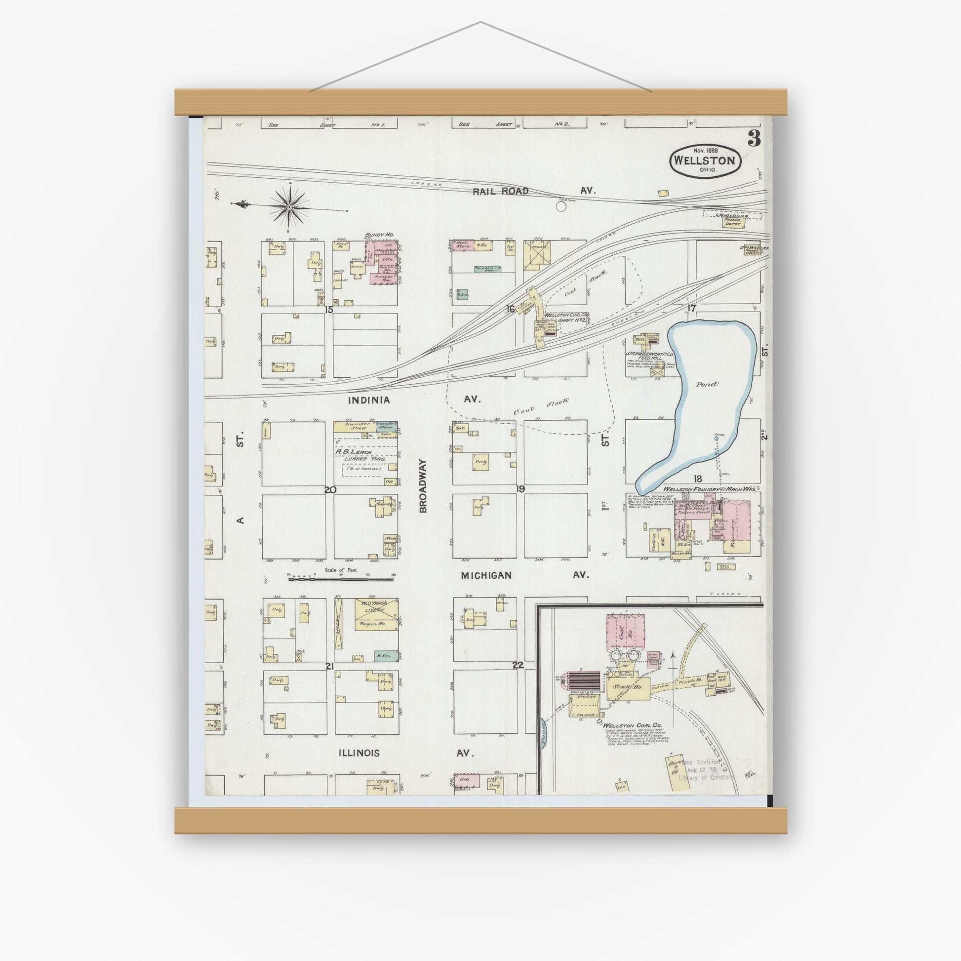 Old map wall art mockup — magnetic wood frame on white wall — Sanborn Fire Insurance Map from Wellston, Jackson County, Ohio (1888), Sheet #0003