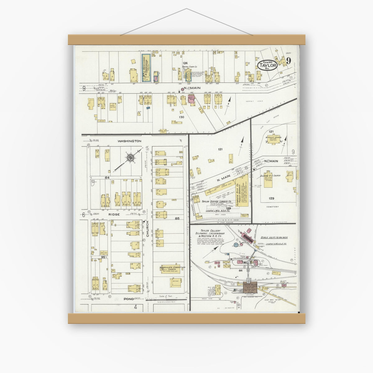 Old map wall art mockup — magnetic wood frame on white wall — Sanborn Fire Insurance Map from Taylor, Lackawanna County, Pennsylvania (1921), Sheet #0009