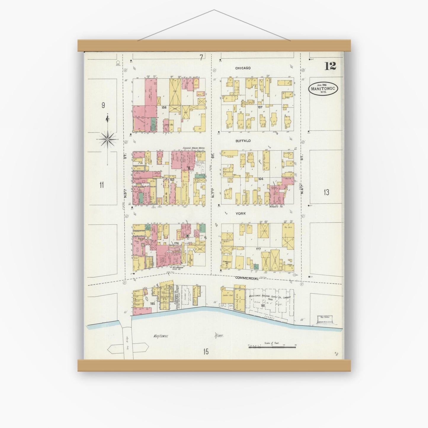 Old map wall art mockup — magnetic wood frame on white wall — Sanborn Fire Insurance Map from Manitowoc, Manitowoc County, Wisconsin (1906), Sheet #0012