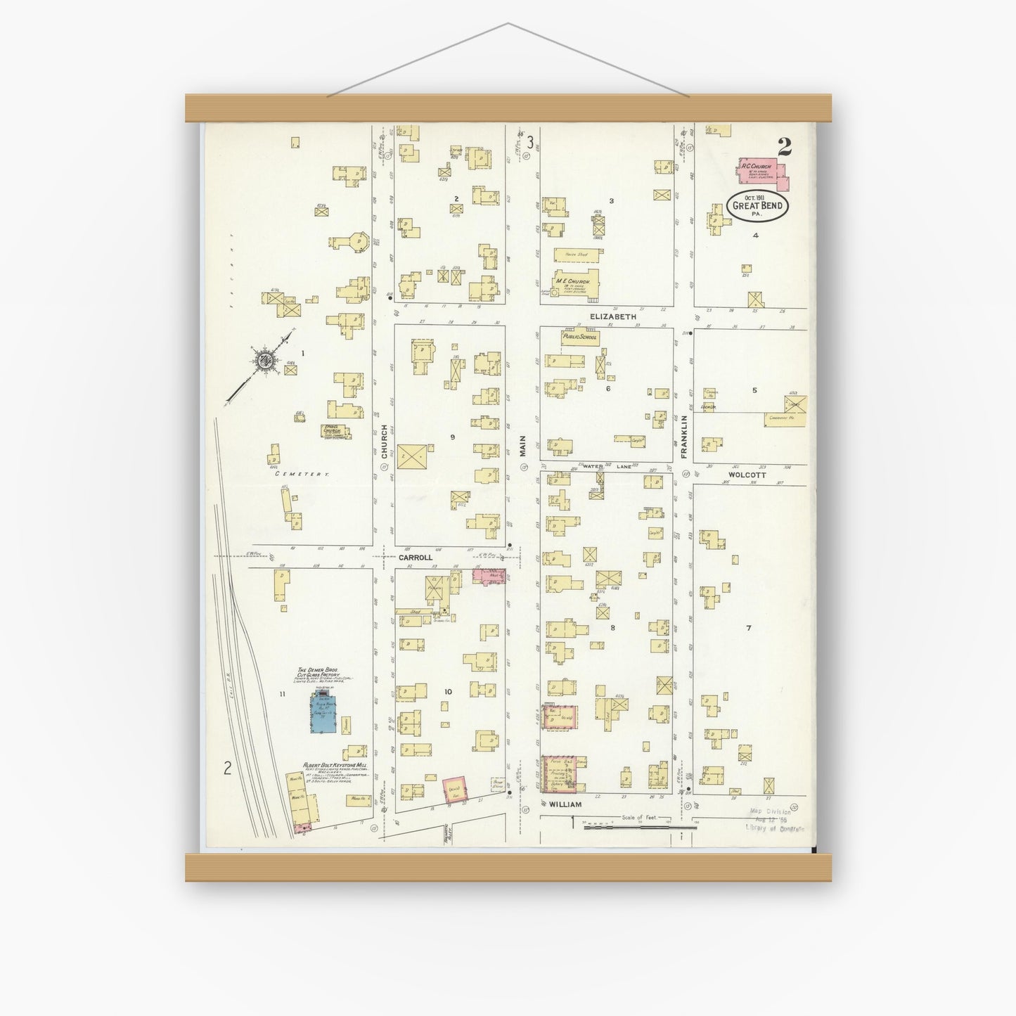 Old map wall art mockup — magnetic wood frame on white wall — Sanborn Fire Insurance Map from Great Bend, Susquehanna County, Pennsylvania (1911), Sheet #0002