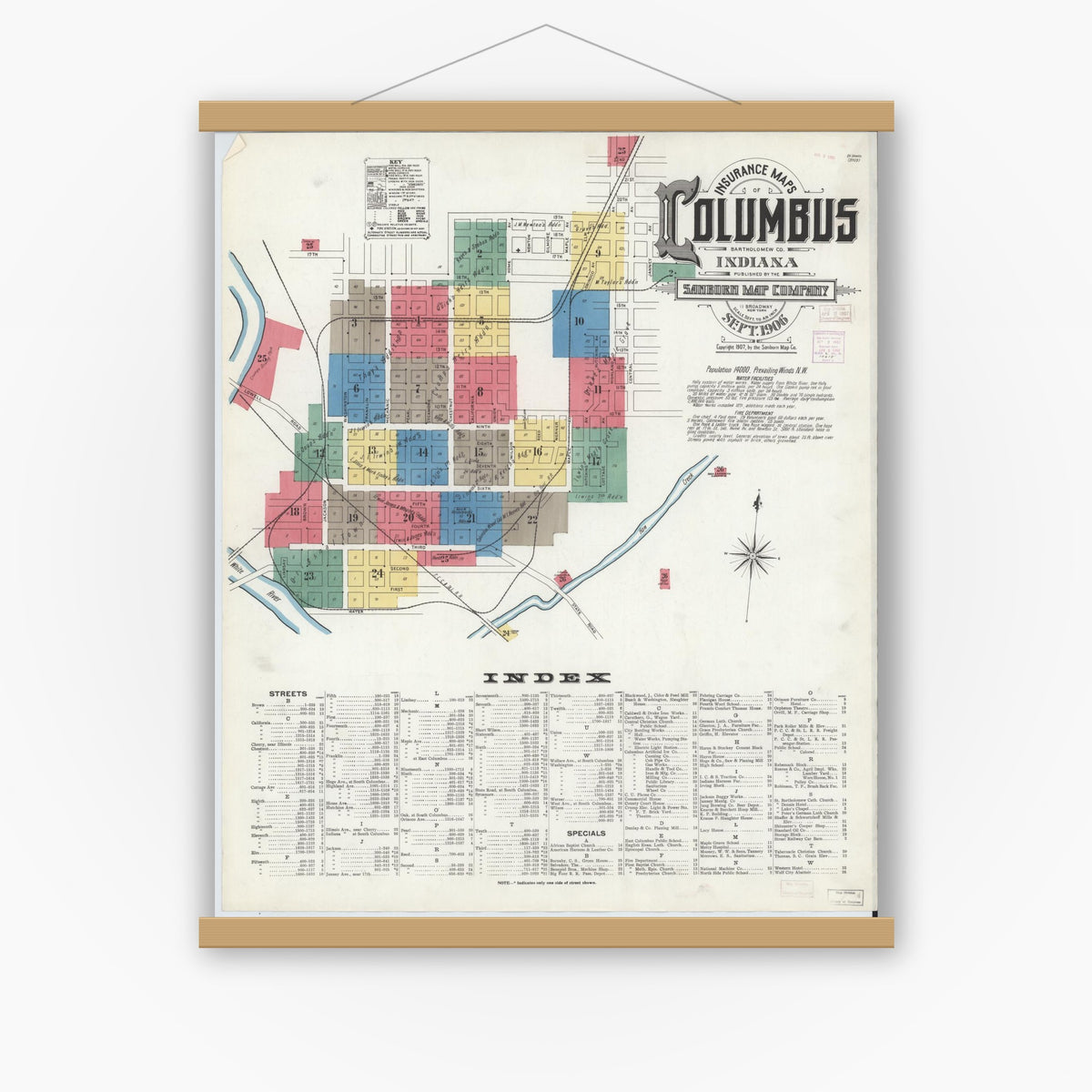 Old map wall art mockup — magnetic wood frame on white wall — Sanborn Fire Insurance Map from Columbus, Bartholomew County, Indiana (1906) - Complete Map Set